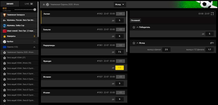 Линия на сайте букмекера