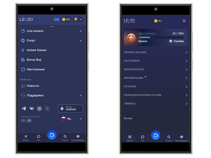 Интерфейс мобильного казино