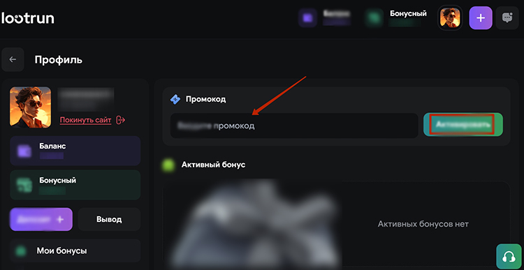 Поле для введения промокодов