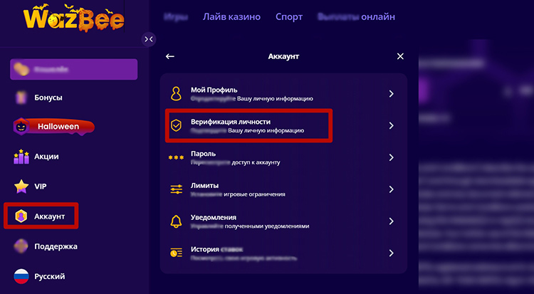 Меню профиля